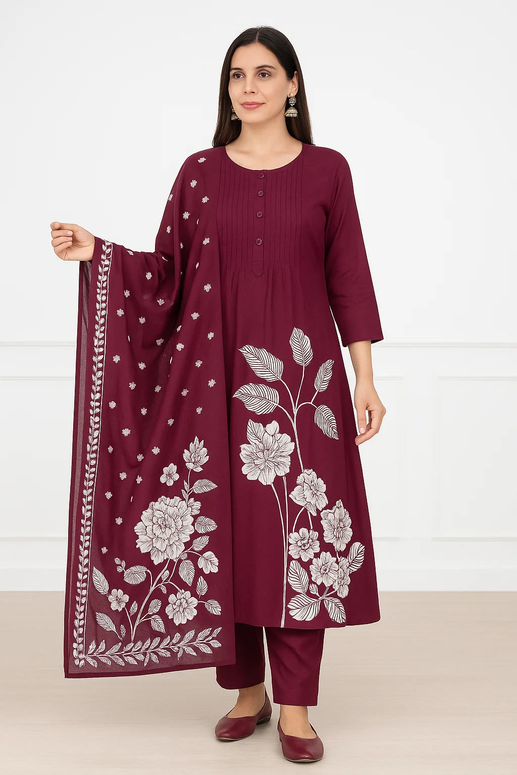 Elegant Floral Rayon Kurti Set with Dupatta – Premium Comfort Wear